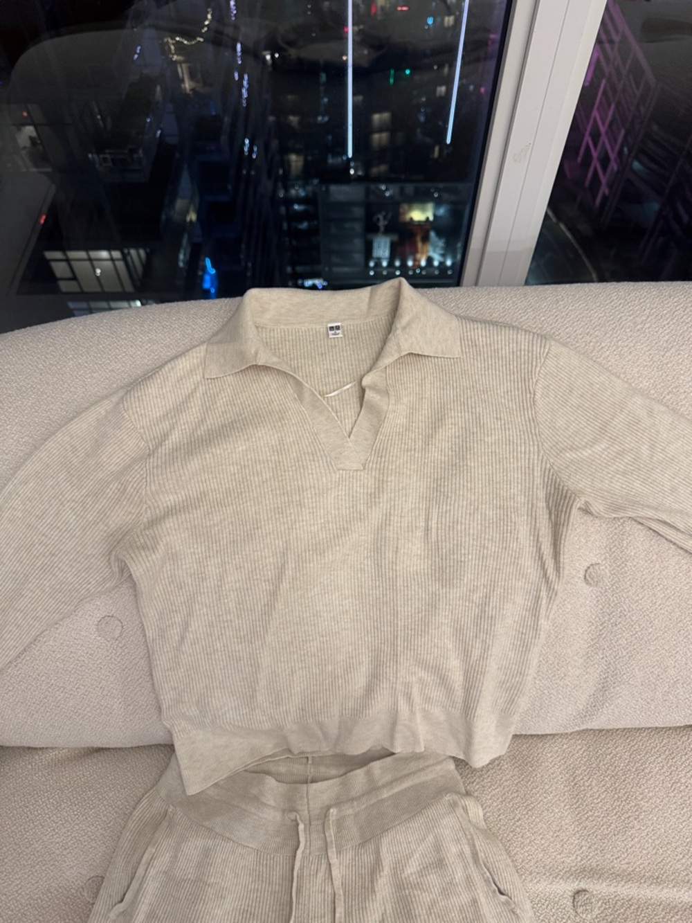 Uniqlo Cream Ribbed Drawstring Track Pants - Picture 2 of 5